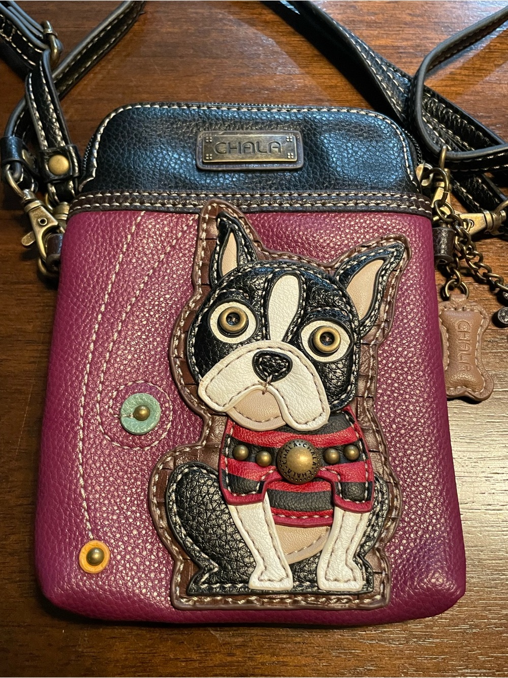 Chala NWOT French Bulldog Cell Phone Crossbody Brass Hardware Bag Purple, Black